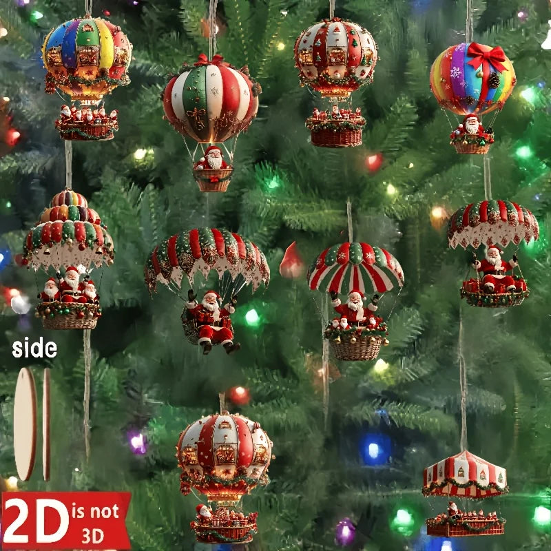 Decorative Christmas ornaments shaped like hot air balloons with Santa Claus on a Christmas tree.