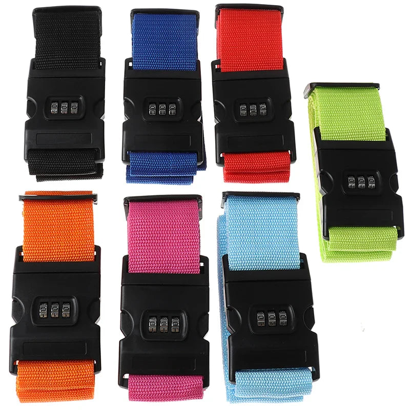 Set of colorful luggage straps with combination locks on a white background