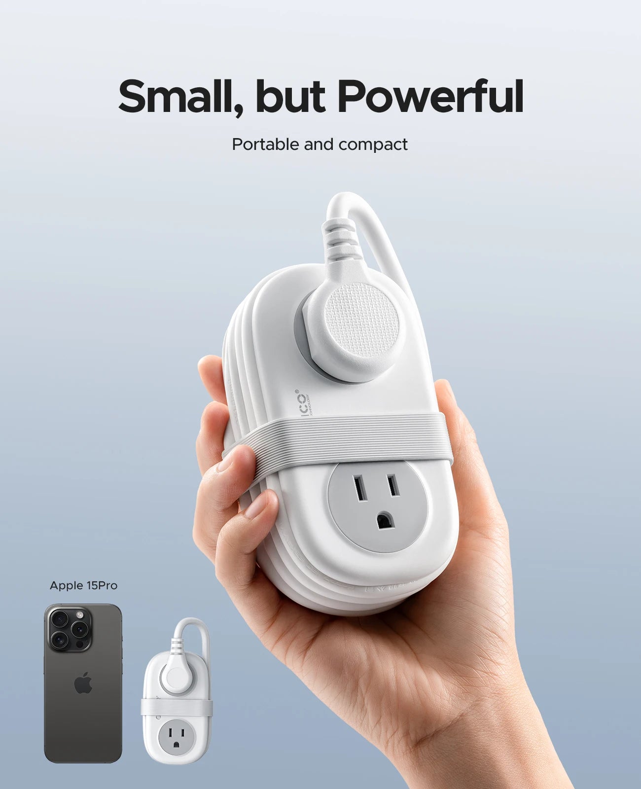 Small white power adapter held in a hand with text 'Small, but Powerful' on a light gray background.