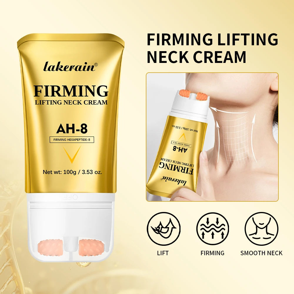 Lakerain Firming Lifting Neck Cream packaging with product image and features on a beige background