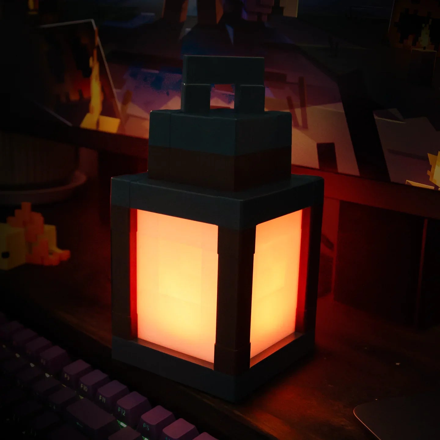 Flickering lantern on a desk with a blurred background