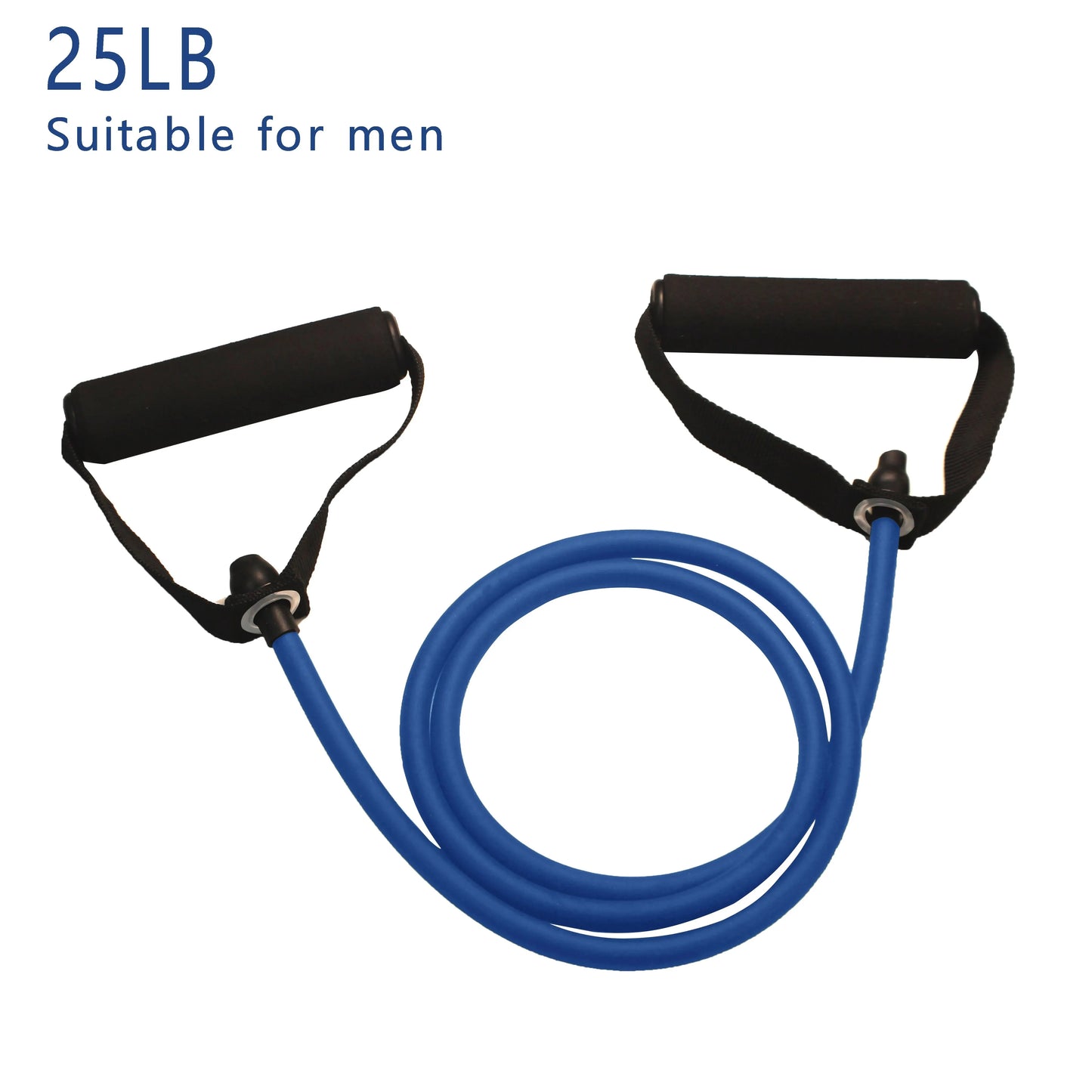 Blue resistance band with black handles on a white background, labeled '25LB Suitable for men'.