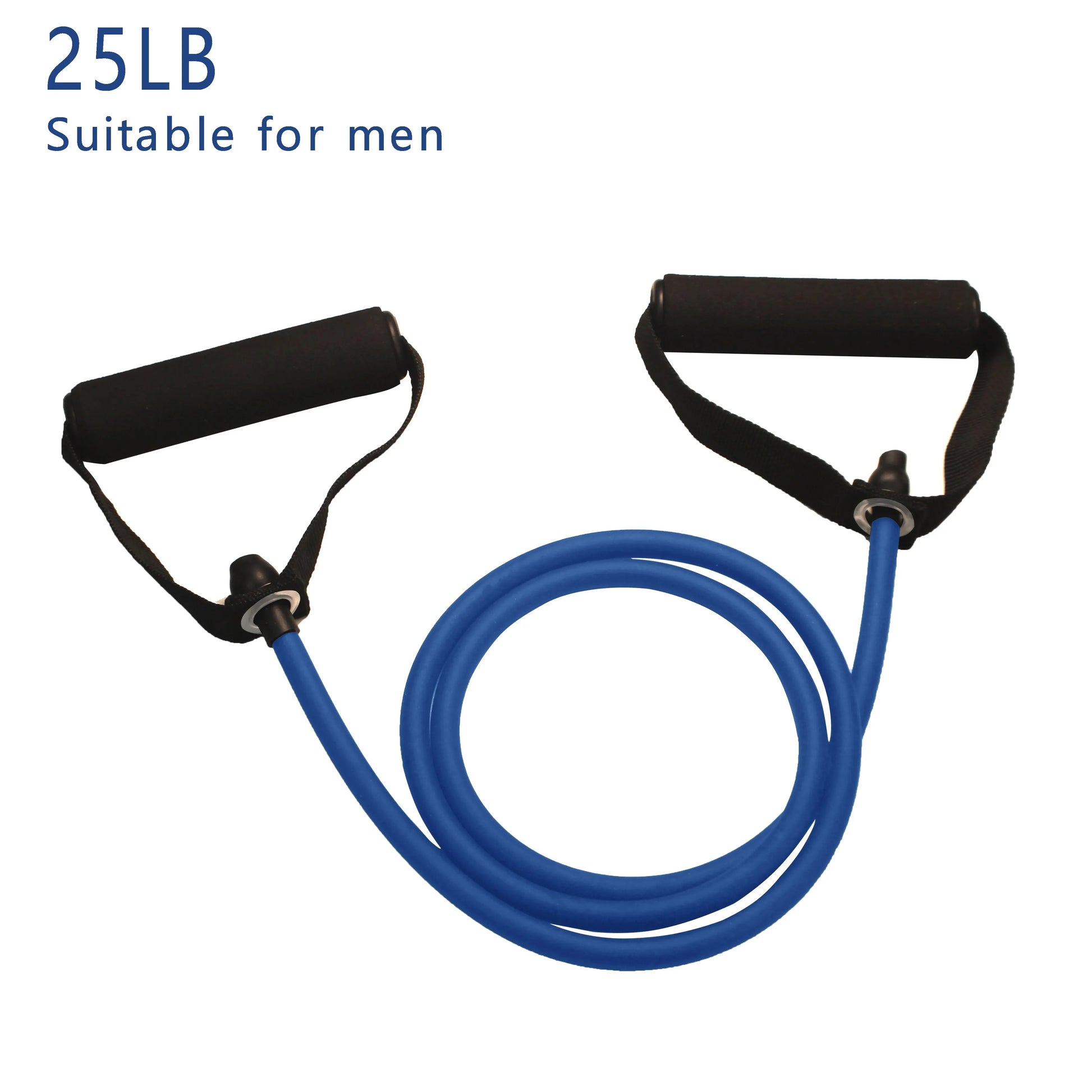 Blue resistance band with black handles on a white background, labeled '25LB Suitable for men'.