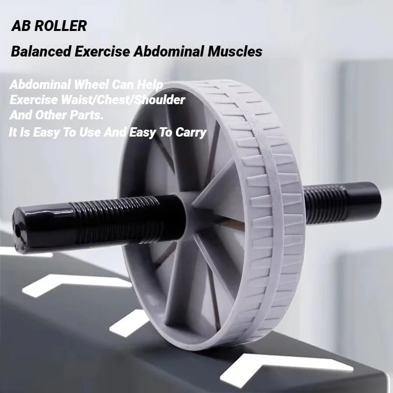 Ab roller exercise tool with text describing its use for balanced abdominal muscle exercise.
