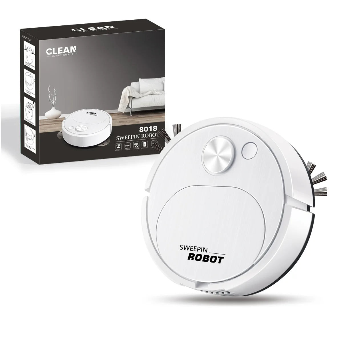 White robot vacuum cleaner with packaging labeled 'CLEAN' on a white background