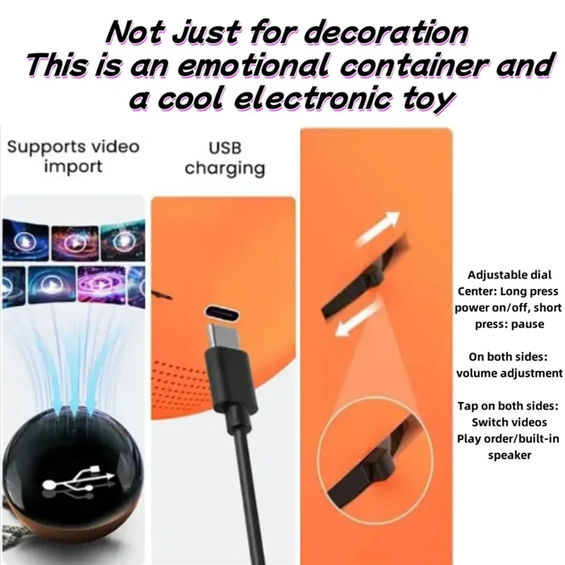 Electronic toy with USB charging cable and features text on a white background