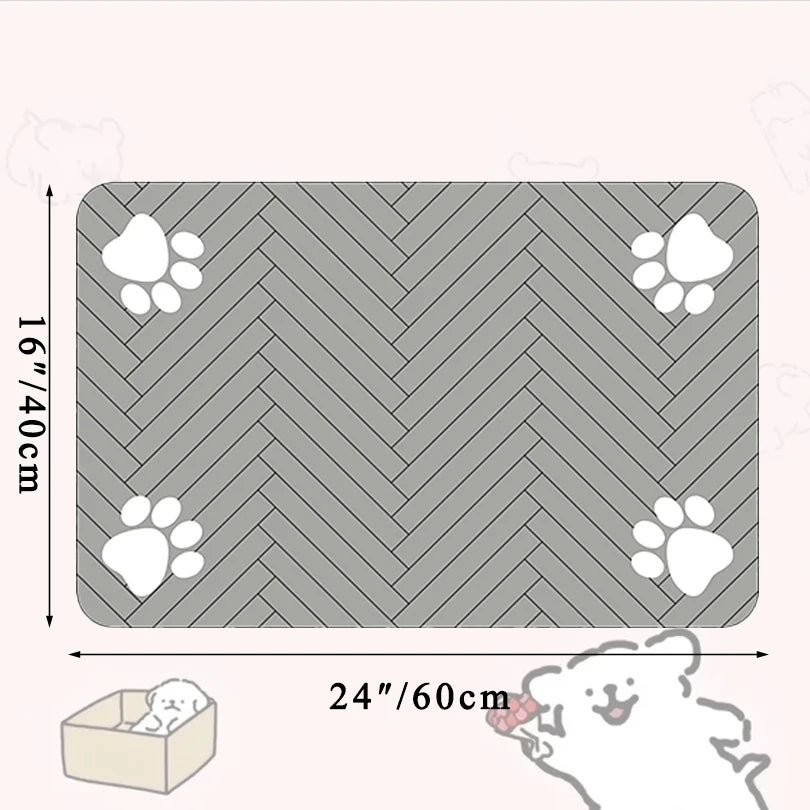 Gray pet mat with white paw prints and dimensions indicated