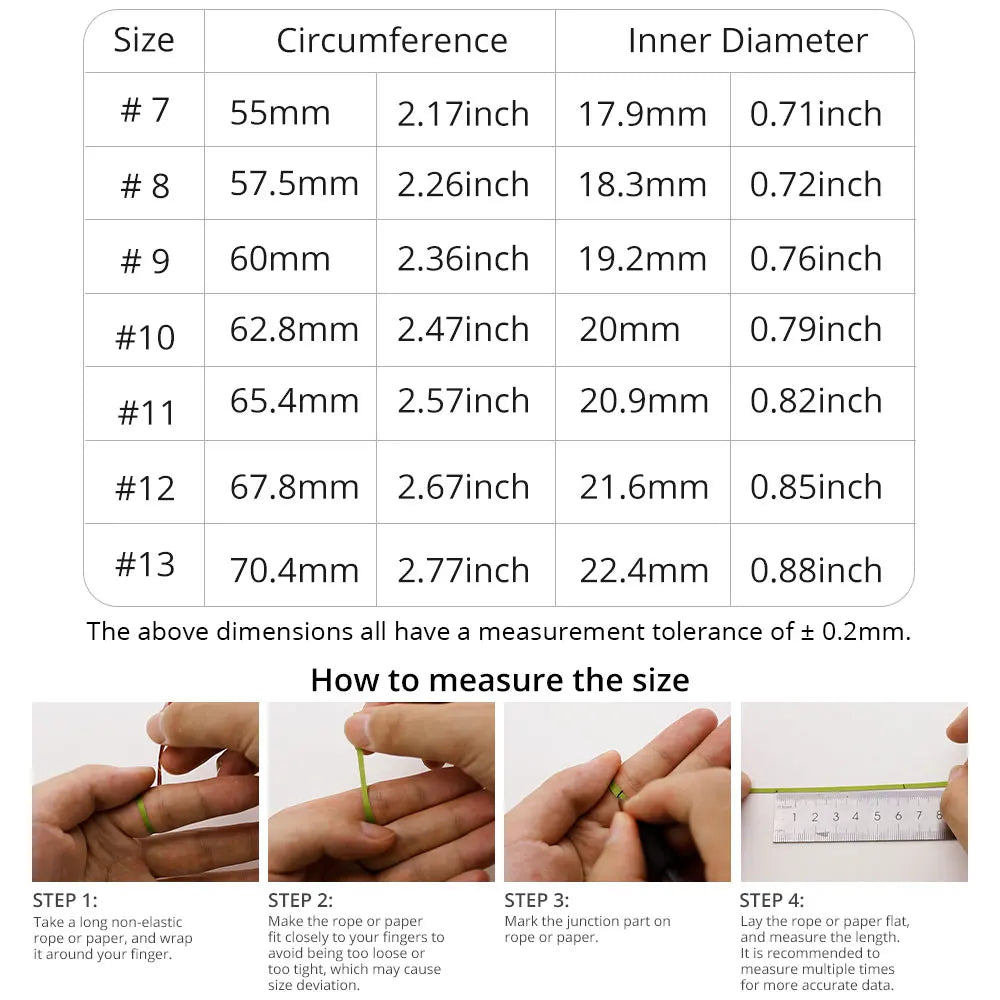 Table with dimensions of finger sizes and how to measure them.