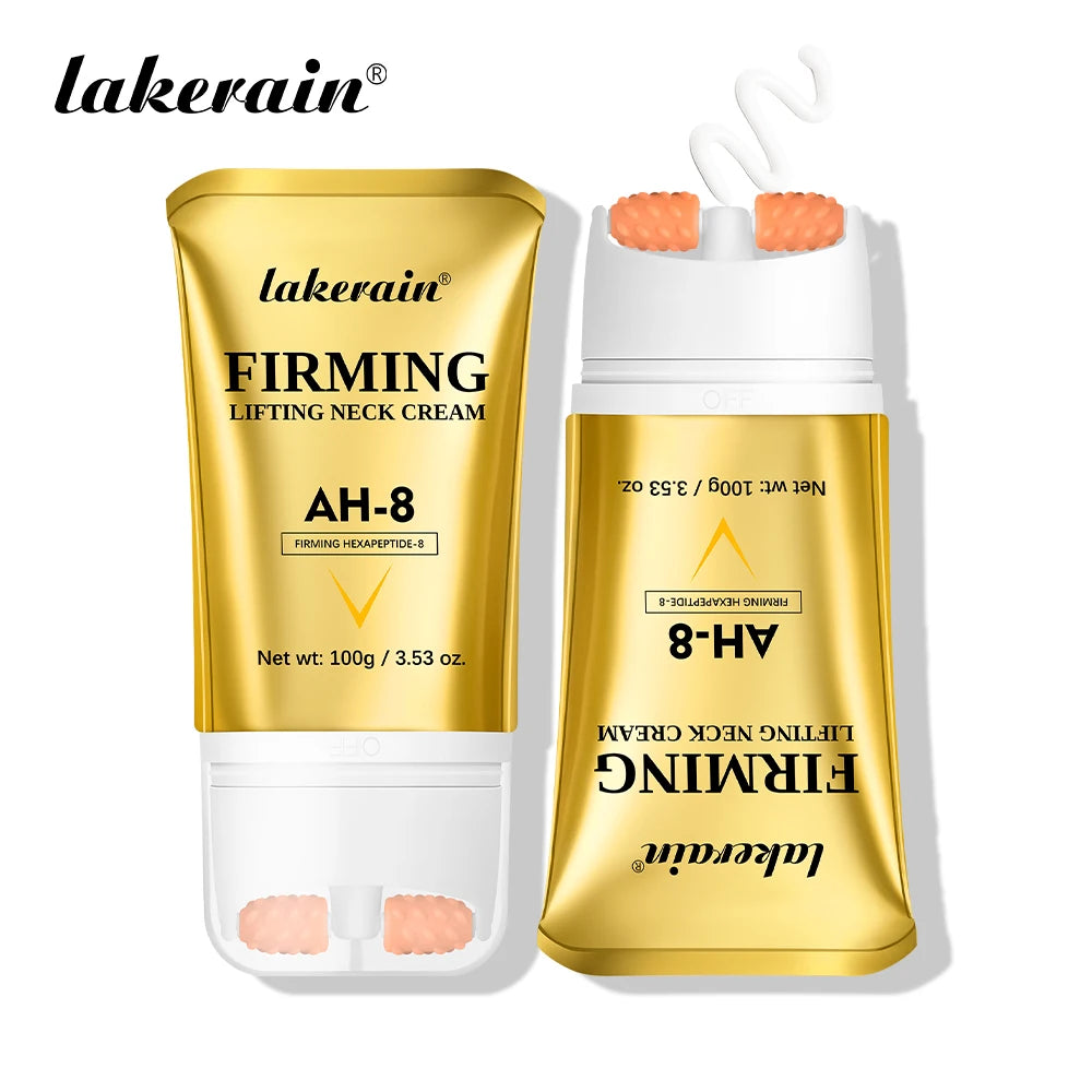 Two gold containers of Lakerain Firming Lifting Neck Cream on a white background