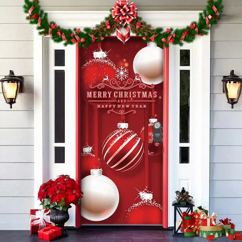 Decorative door with Christmas-themed design, ornaments, and garlands.