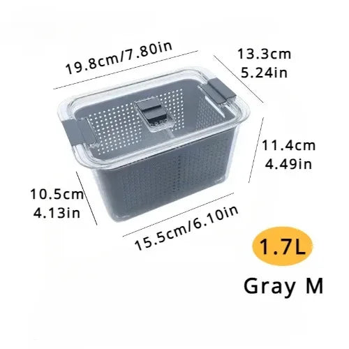 Gray plastic container with measurements on a white background