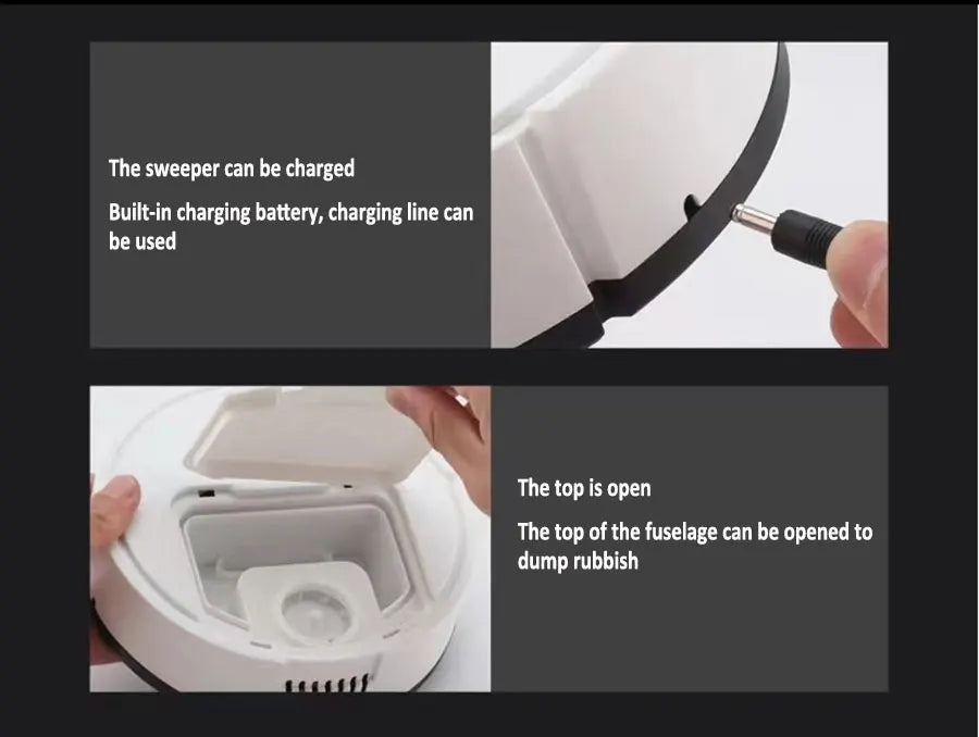 Instructions on using a white device with text about charging and opening the top.