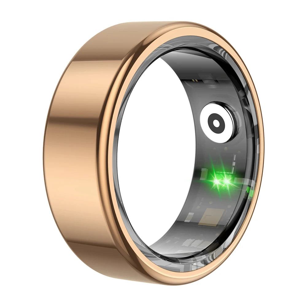Smart ring with a metallic band on a white background