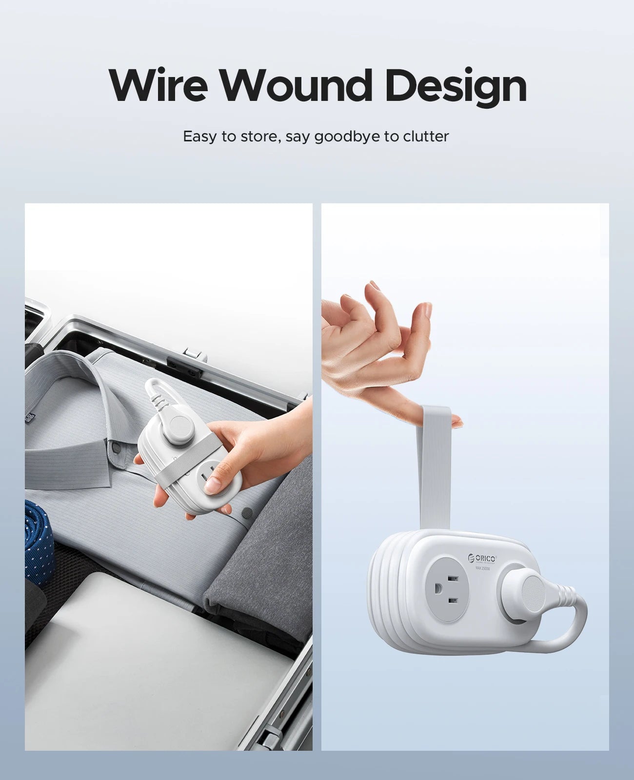 White extension cord with wire wound design held by a hand, placed on a car seat.