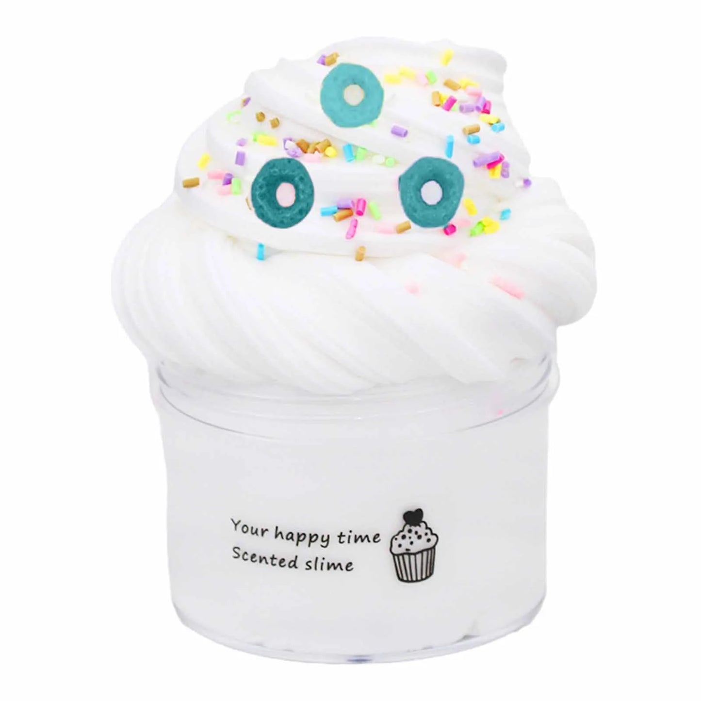 Scented slime with colorful sprinkles and donut shapes on a white background