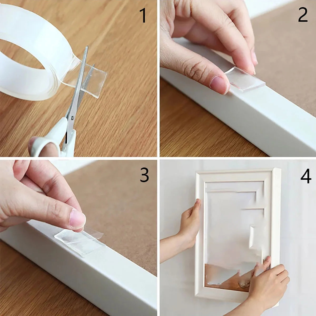 Step-by-step process of applying clear tape to a white frame.