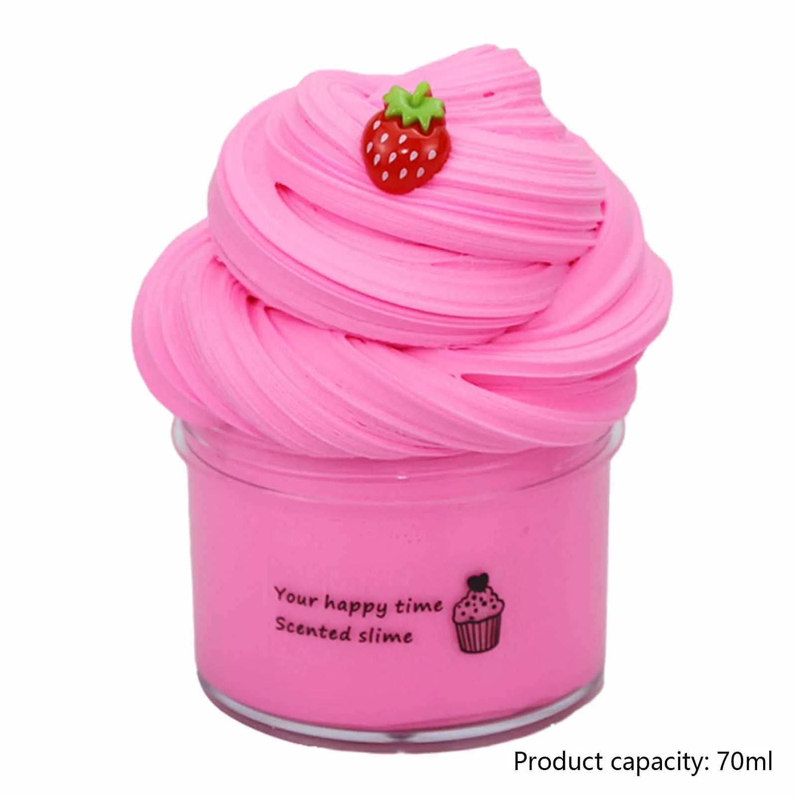 Pink slimes in a jar with a strawberry decoration on a white background