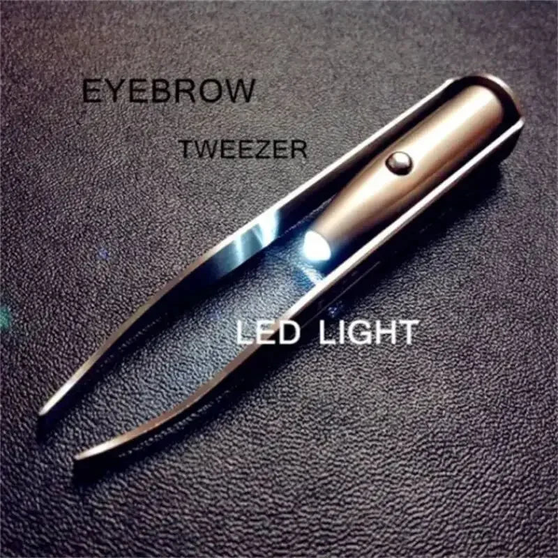 Eyebrow tweezer with LED light on a dark textured background