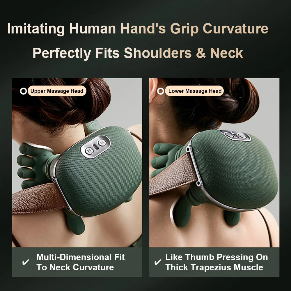 Neck and shoulder massager with upper and lower massage heads on a person, highlighting its fit and design.