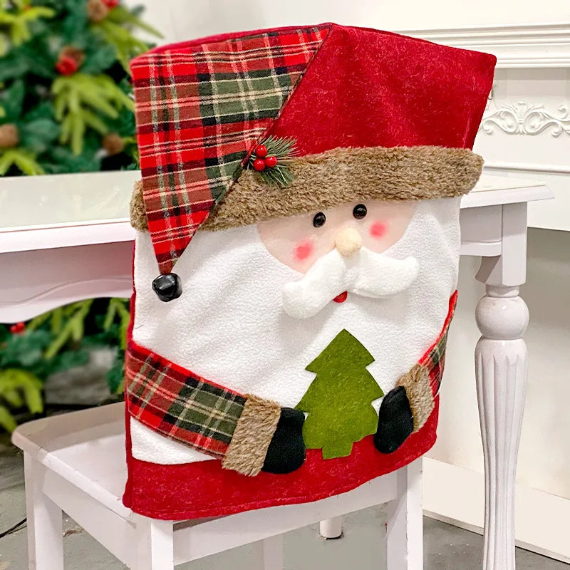 Christmas-themed chair cover with a Santa Claus design on a white chair.