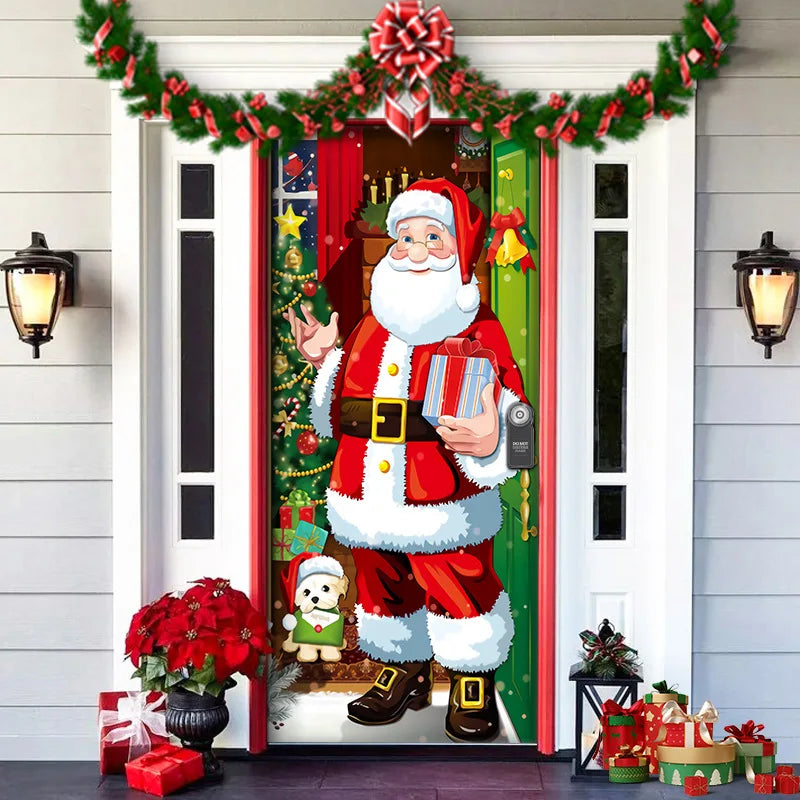 Decorative door with Santa Claus and dog holding gifts, surrounded by Christmas decorations.