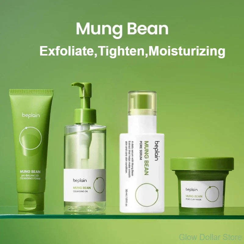 Set of skincare products with 'Mung Bean' benefits on a green background