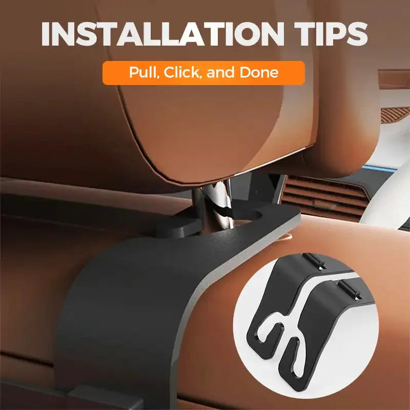 Car seat installation tool with 'Pull, Click, and Done' text and scissors icon.