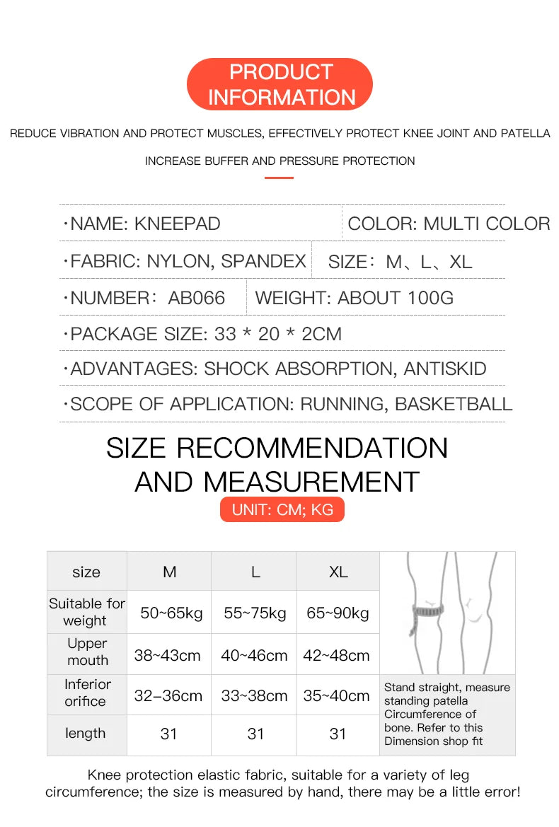 Product information and size recommendation for a knee pad on a white background