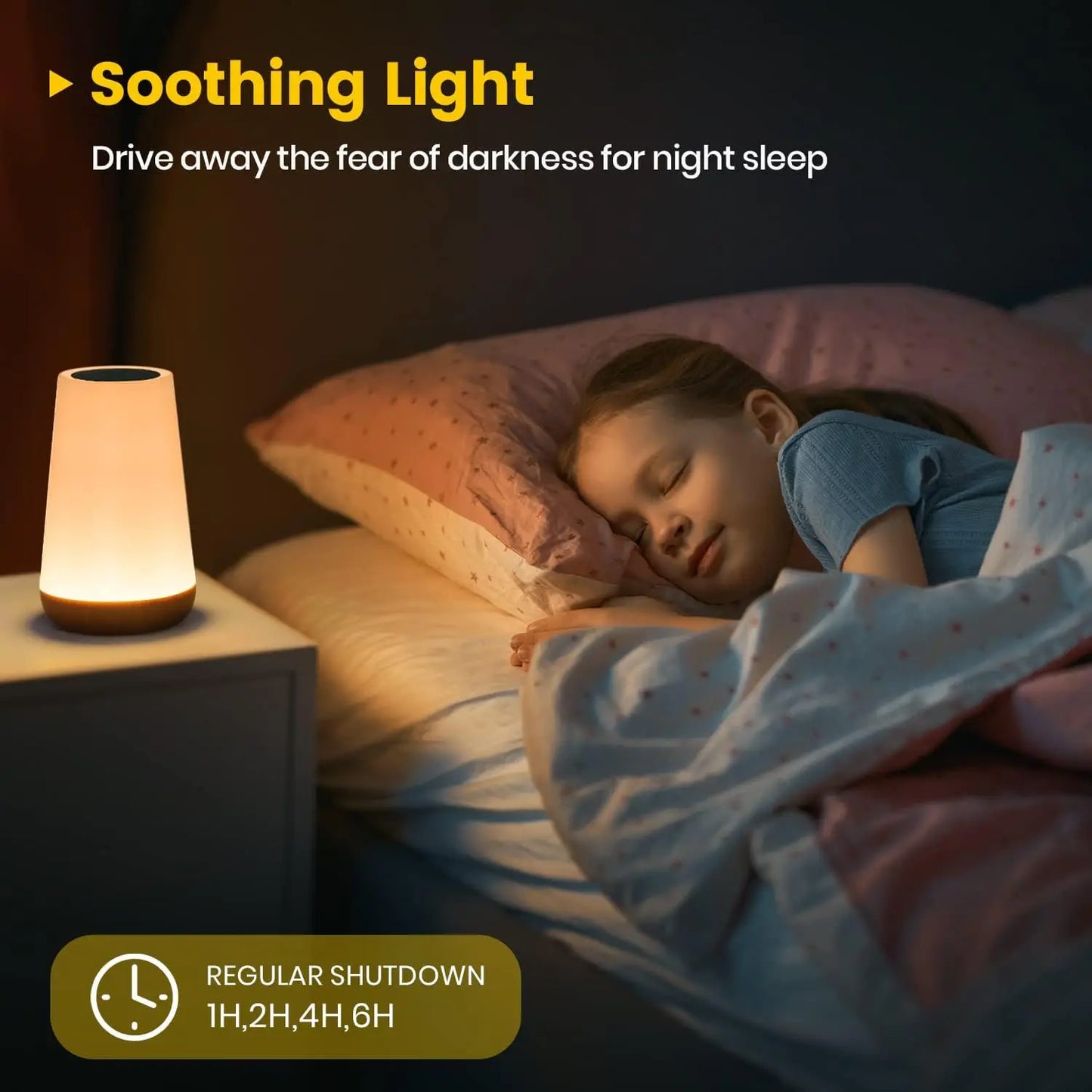 Child sleeping in bed with a night light on a nightstand, text indicating soothing light feature.