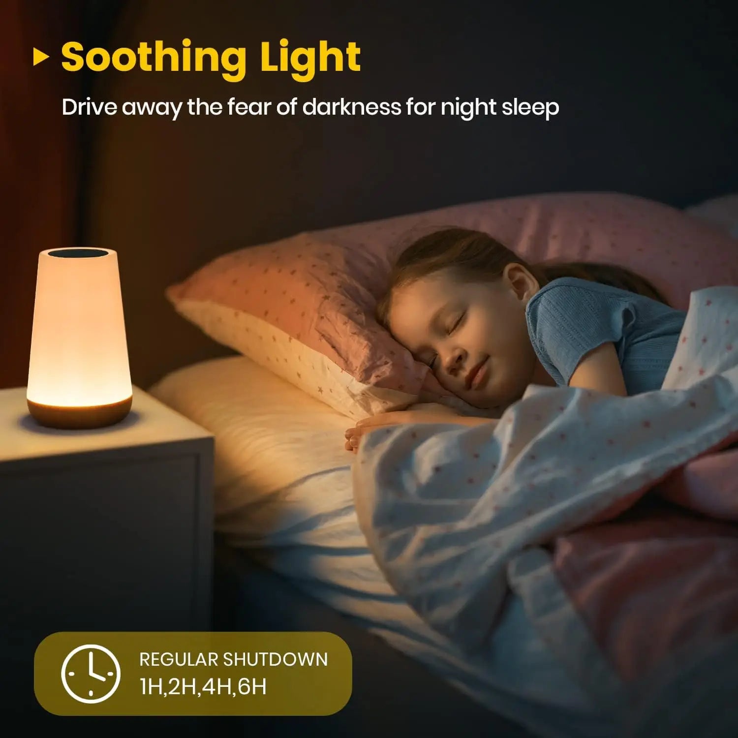 Child sleeping in bed with a night light on a nightstand, text indicating soothing light feature.
