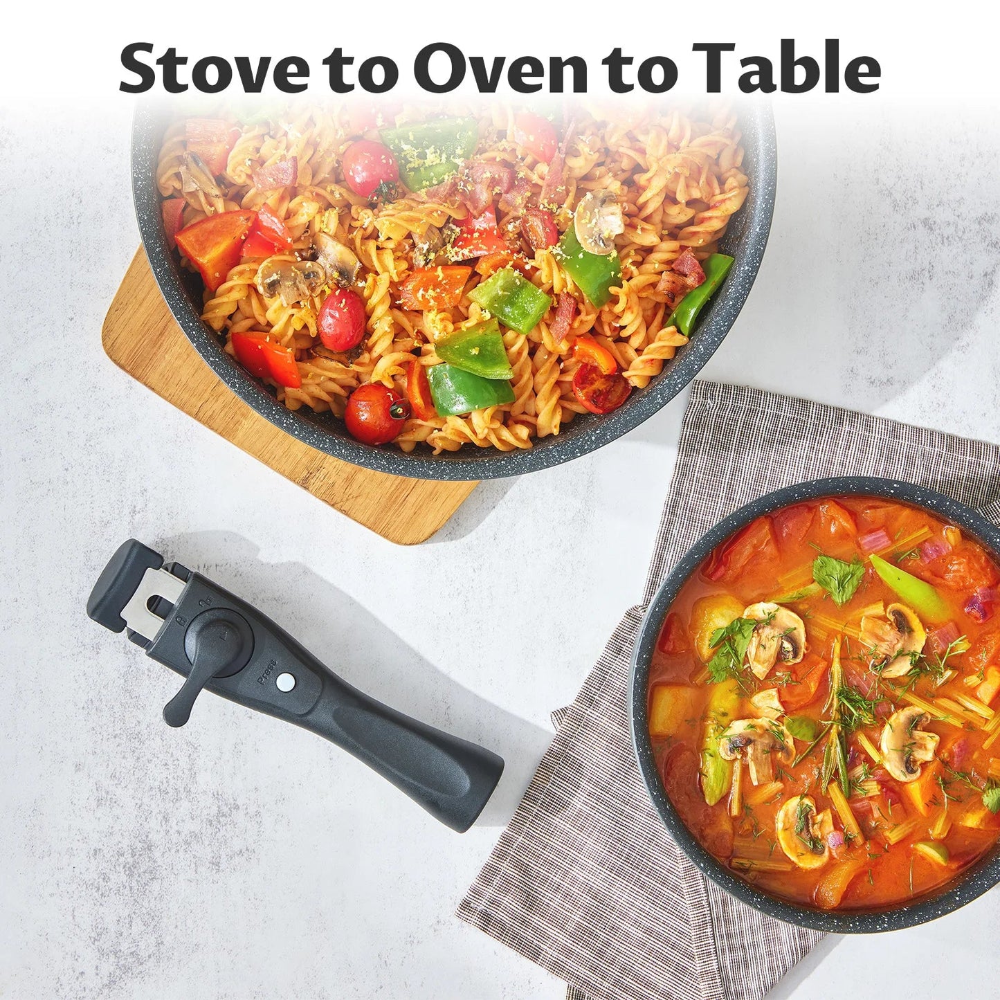 Two bowls of pasta with vegetables on a light surface, with text 'Stove to Oven to Table'.