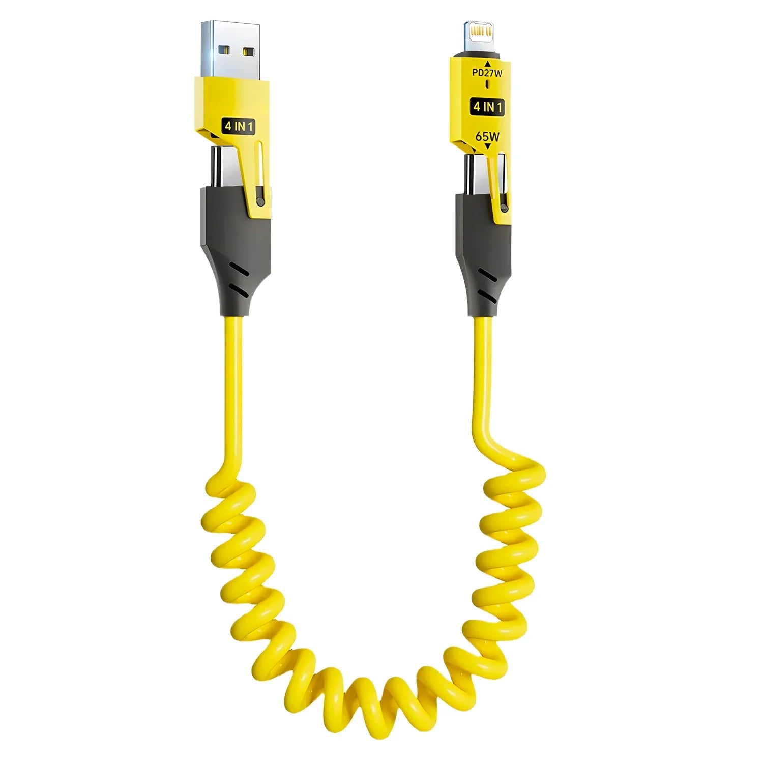Yellow coiled cable with USB and Lightning connectors on a white background