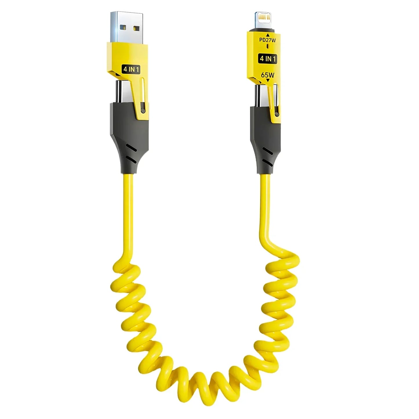 Yellow coiled cable with USB and Lightning connectors on a white background