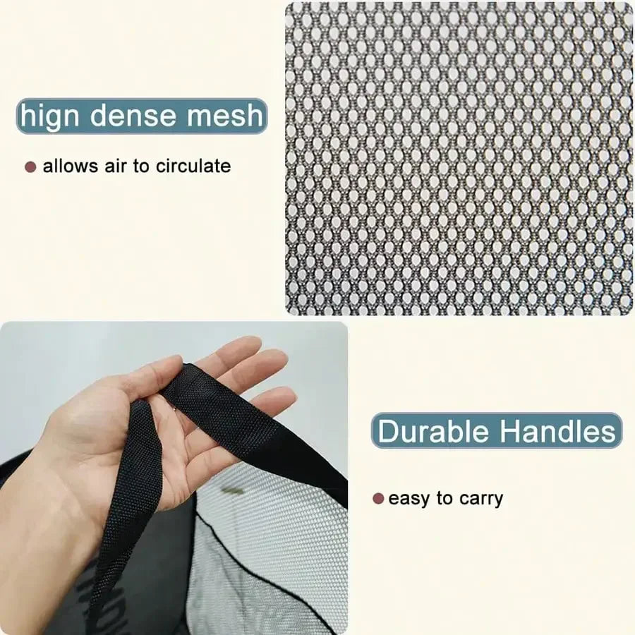 Textured mesh material with high density, durable handles, and air circulation features.