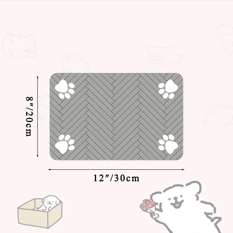 Gray pet mat with paw prints and dimensions on a white background