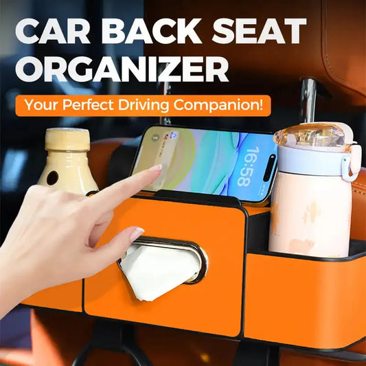 Car back seat organizer with phone, bottle, and cup holder, labeled 'Your Perfect Driving Companion'.
