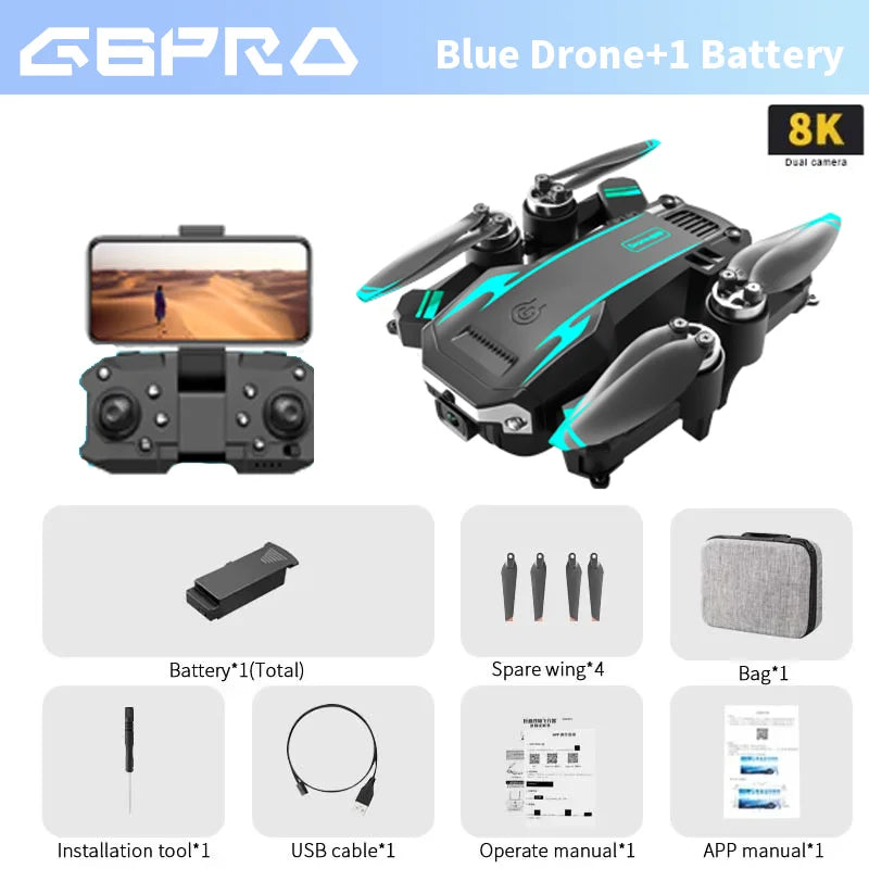 G6PRO Blue Drone with 1 Battery and accessories on a white background