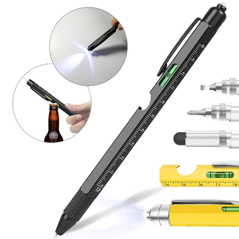Multifunctional pen with flashlight, ruler, and other tools on a white background