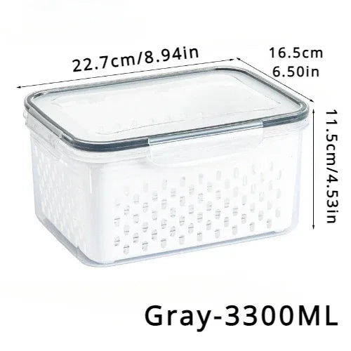 Clear storage container with gray lid and measurements on a white background