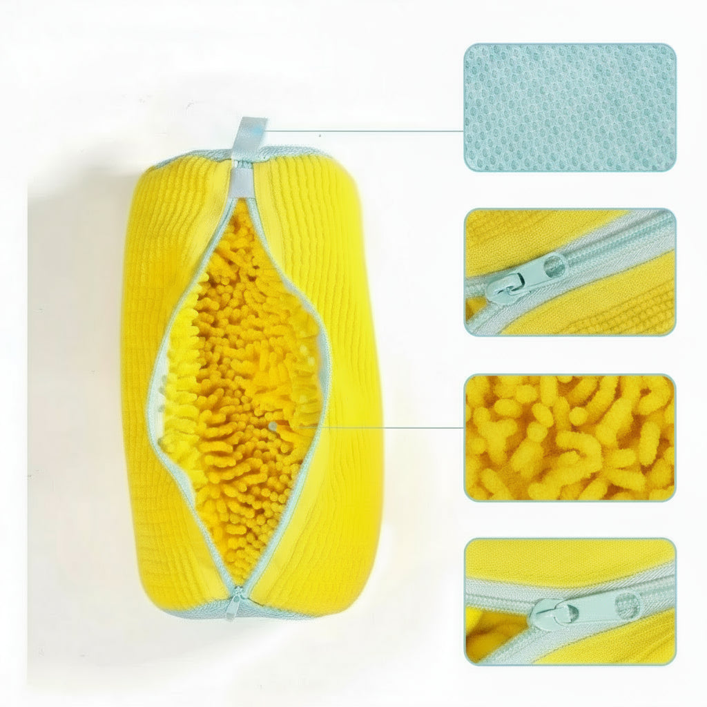Yellow product with features highlighted on a white background