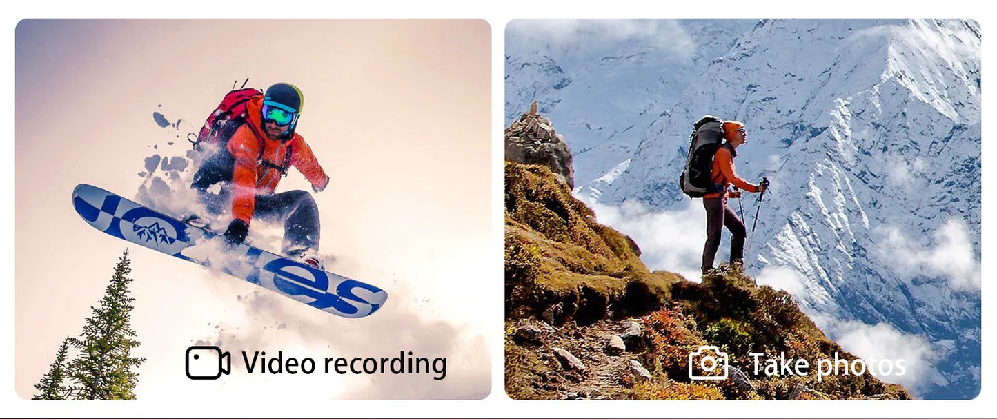 Two images showing a skier in action and a hiker on a mountain, with icons indicating video recording and photo taking.