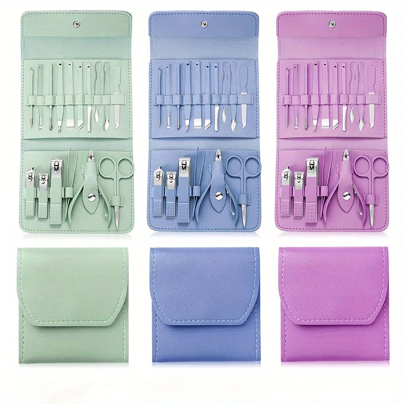 Set of manicure and pedicure tools in pastel-colored cases on a white background