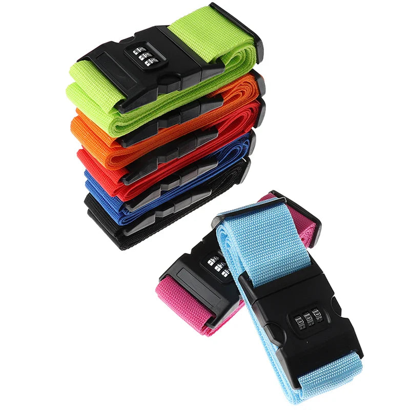 Stack of colorful luggage straps with combination locks on a white background