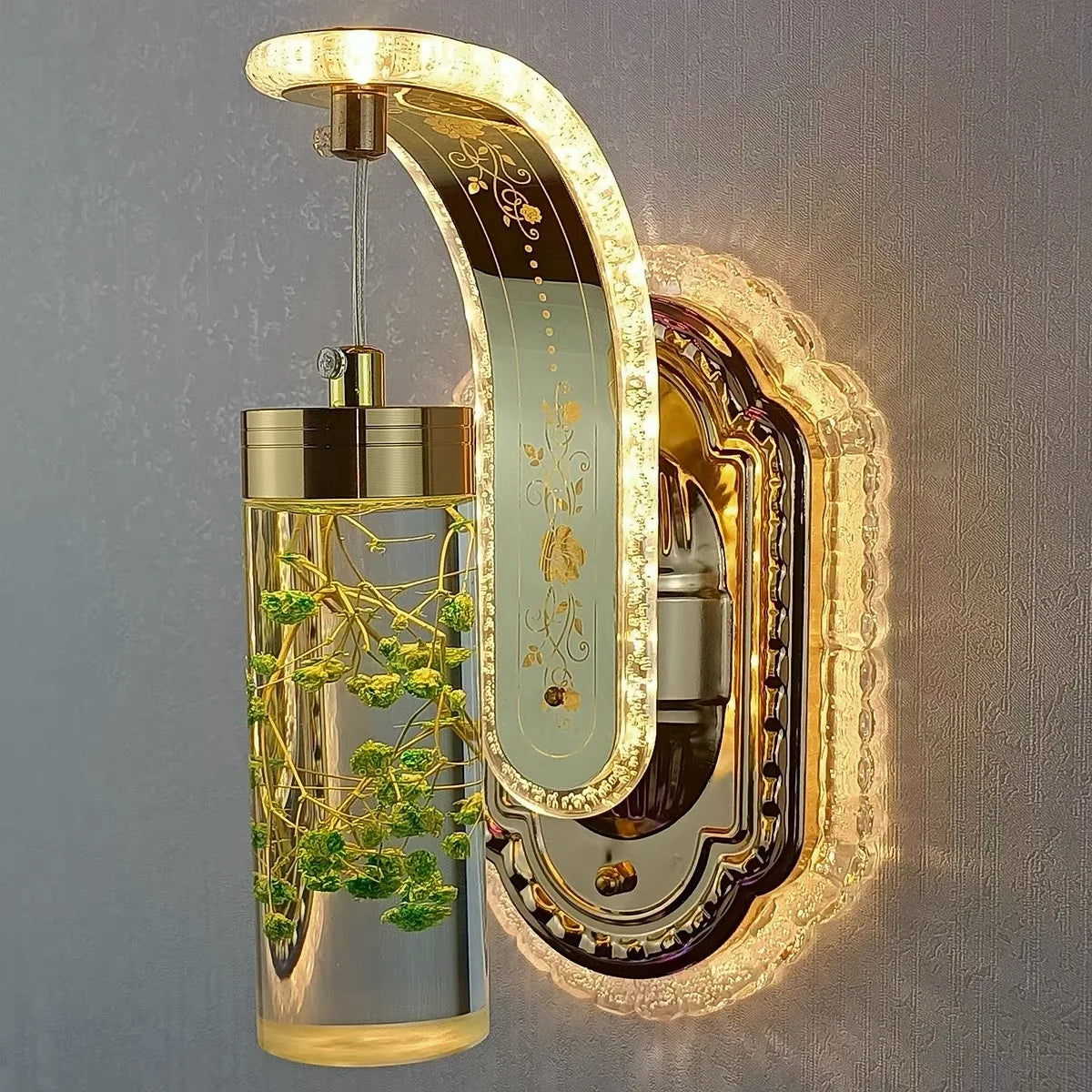 Decorative wall light fixture with a glass container on a gray background