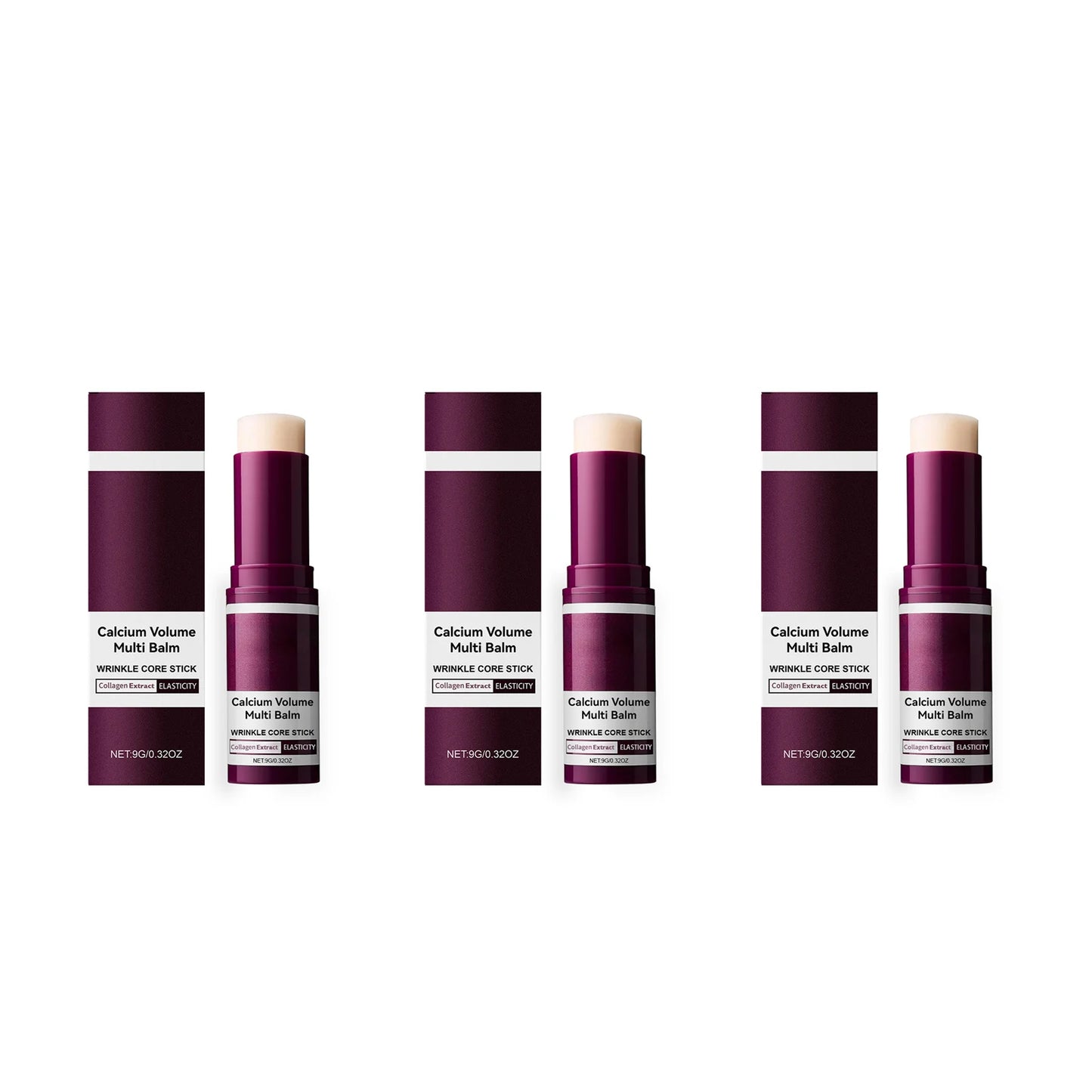 Set of purple skincare products with white labels on a white background