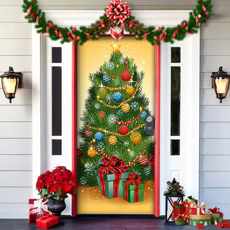Decorative door with a Christmas tree and presents design, surrounded by festive decorations.