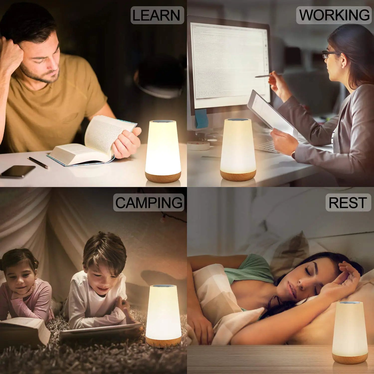 Collage of a person studying, working, camping, and resting with a lamp labeled 'Learn', 'Working', 'Camping', and 'Rest' respectively.