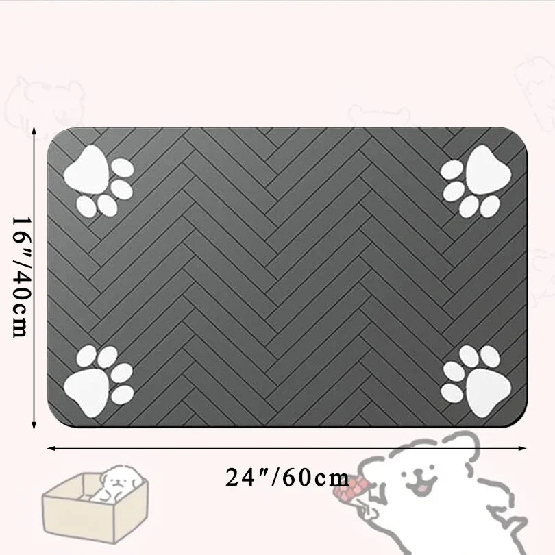 Gray pet mat with white paw prints and dimensions on a white background