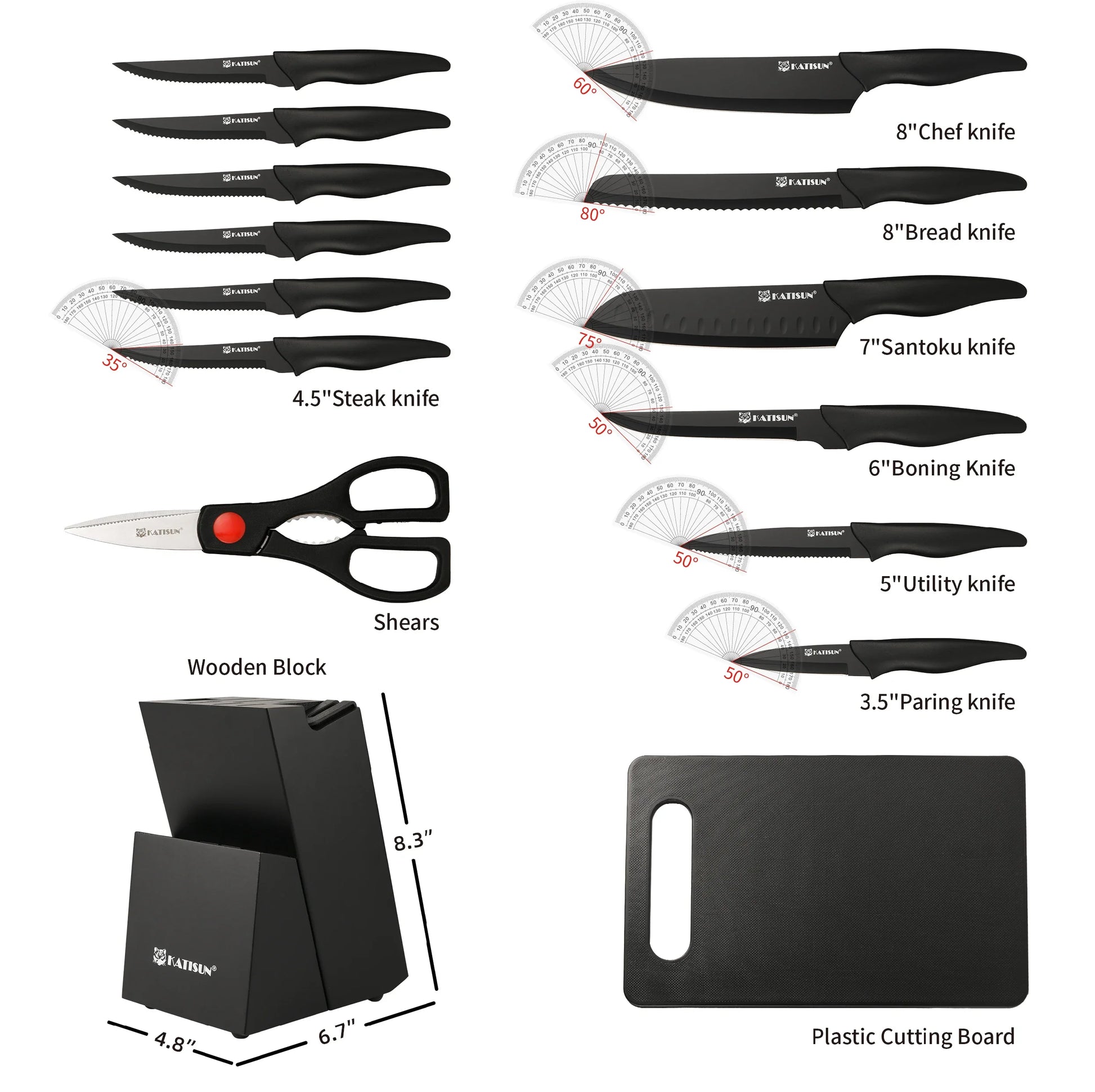 Set of knives, shears, wooden block, and plastic cutting board with measurements on a white background.