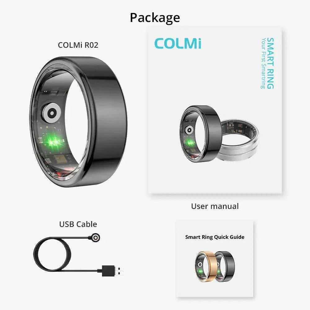 Smart ring packaging with USB cable and user manual on a white background